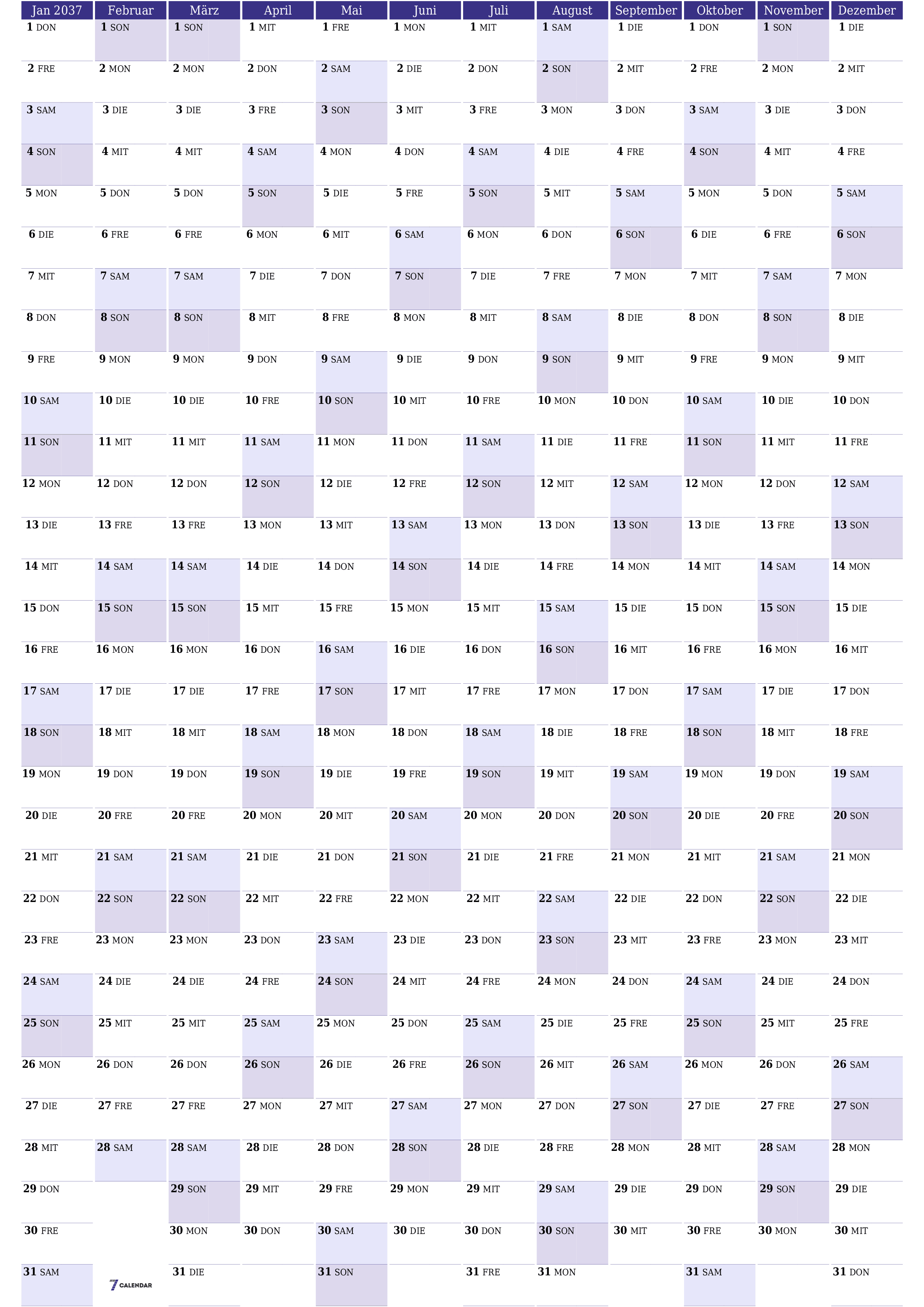 Jahresplanerkalender für das Jahr 2037 mit Notizen leeren, speichern und als PDF PNG German - 7calendar.com drucken