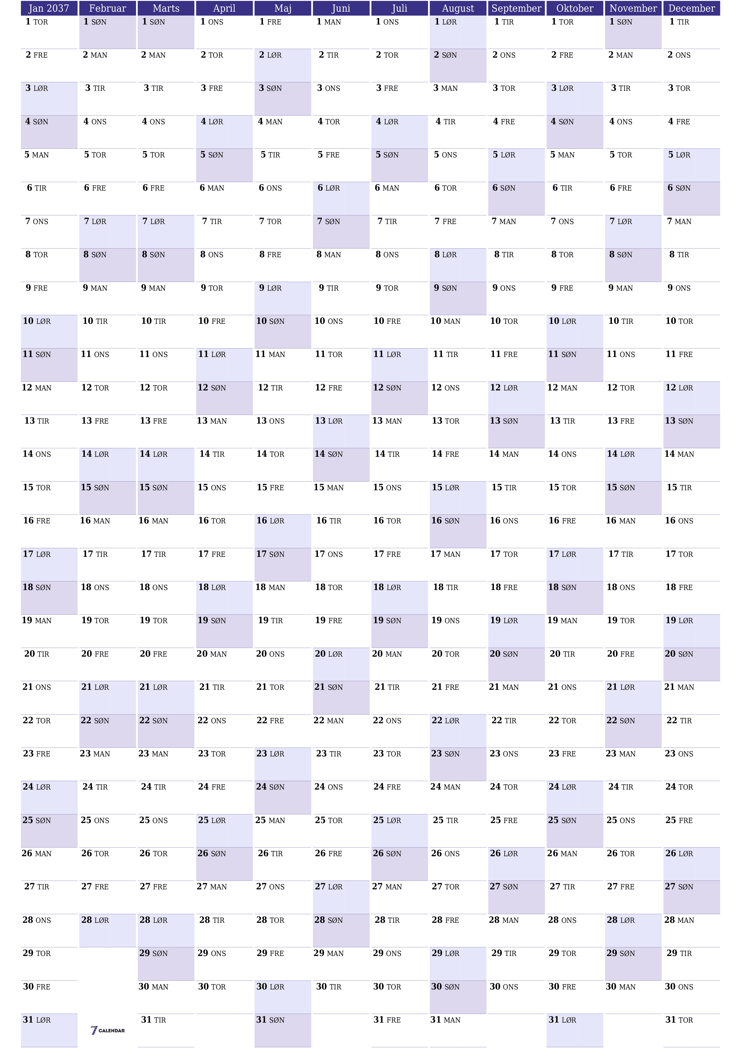 Tom årlig planlægningskalender for året 2037 med noter, gem og udskriv til PDF PNG Danish