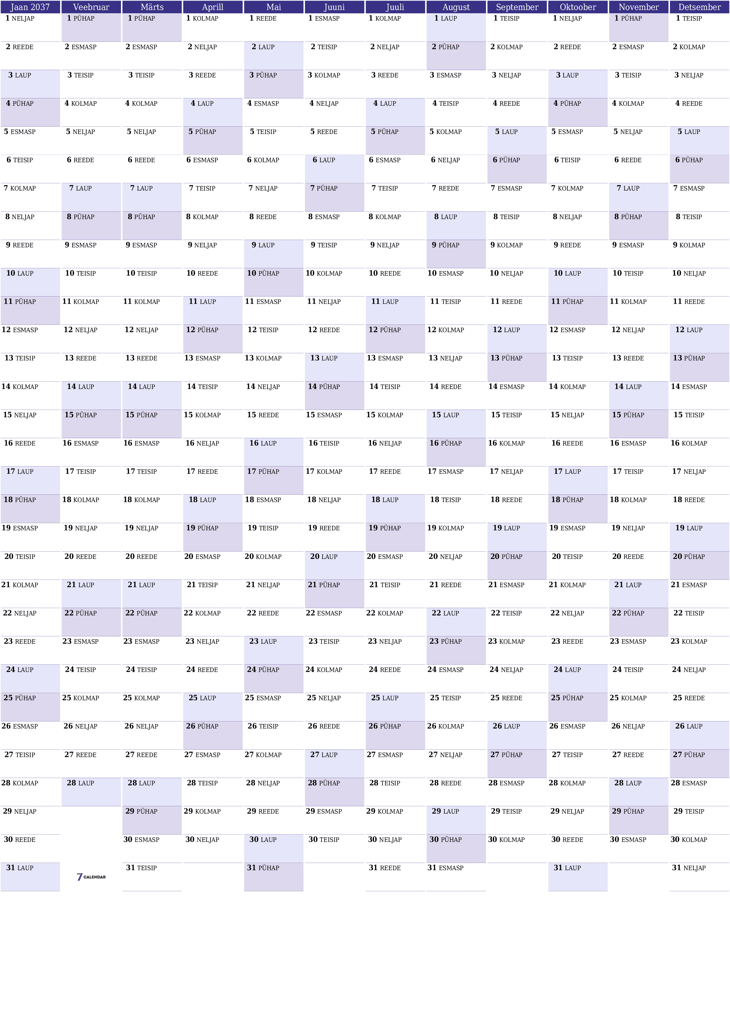 Tühi aasta planeerija kalender aastaks 2037 koos märkmetega, salvestage ja printige PDF-i PNG Estonian