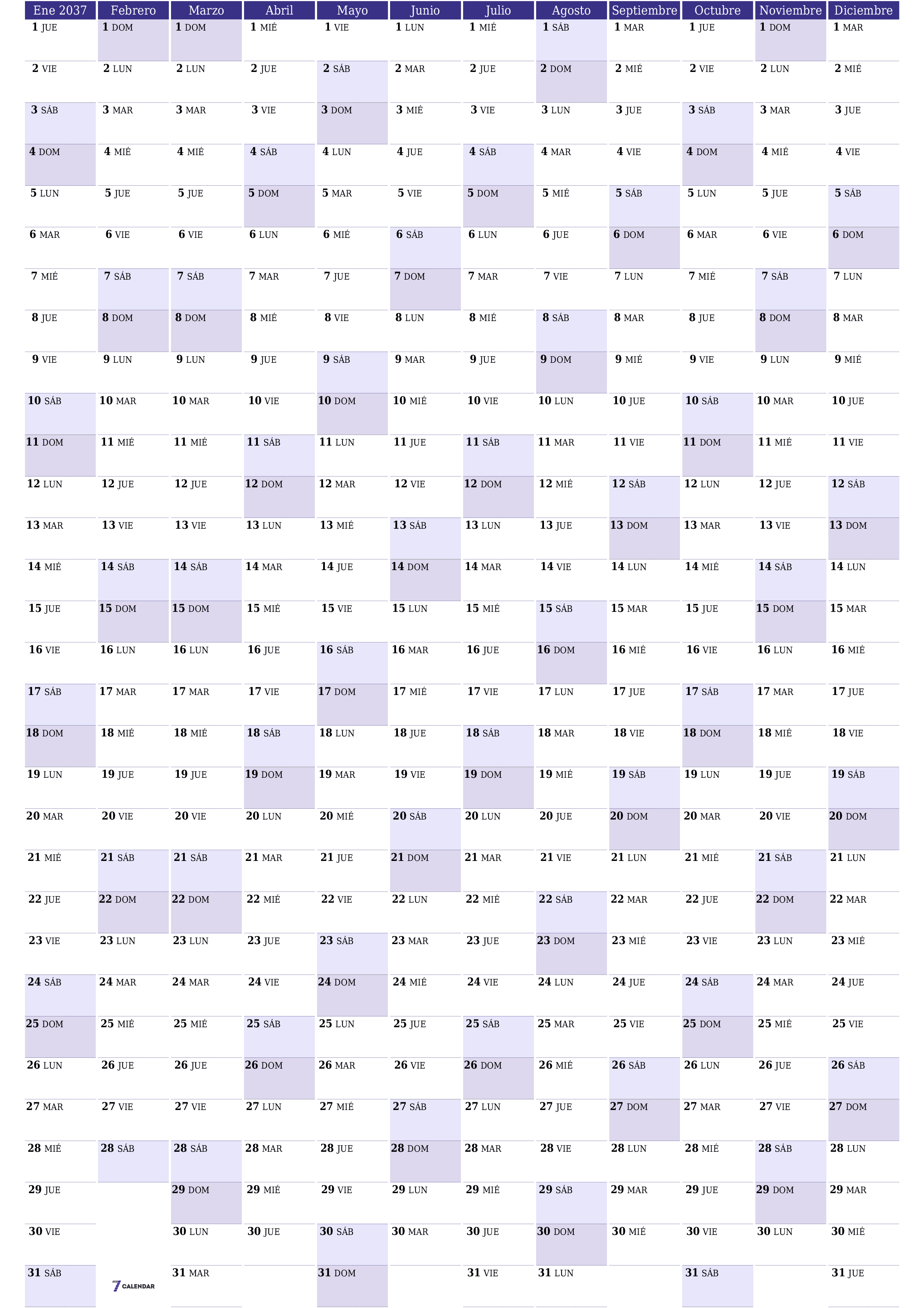 Calendario planificador anual vacío para el año 2037 con notas, guardar e imprimir en PDF PNG Spanish