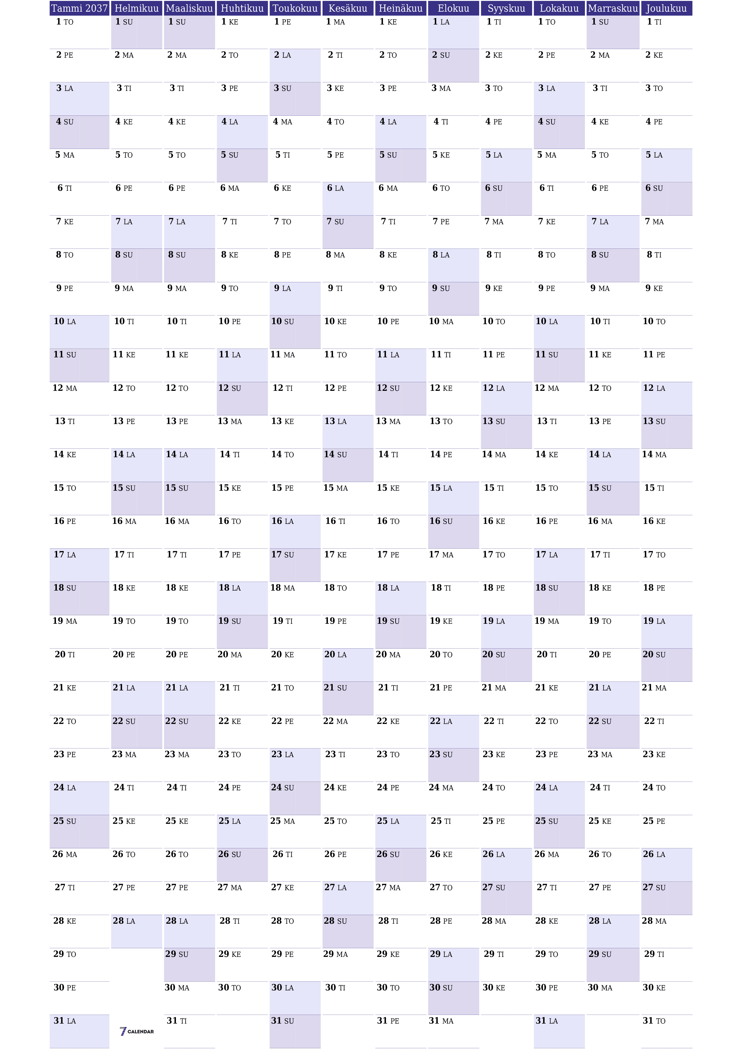 Tyhjä vuosisuunnittelukalenteri vuodelle 2037 muistiinpanoilla, tallenna ja tulosta PDF-muotoon PNG Finnish