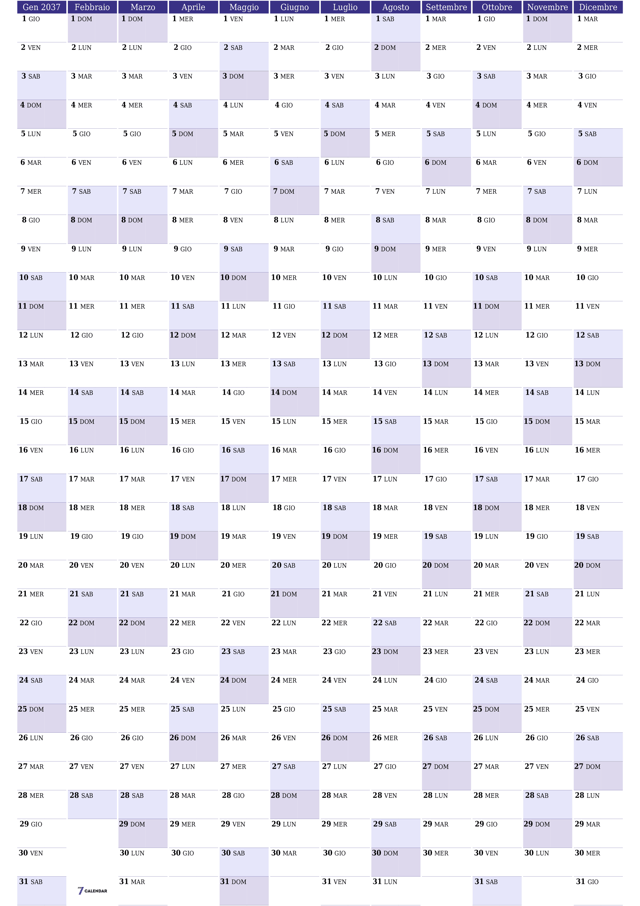 Calendario pianificatore annuale vuoto per l'anno 2037 con note, salva e stampa in PDF PNG Italian