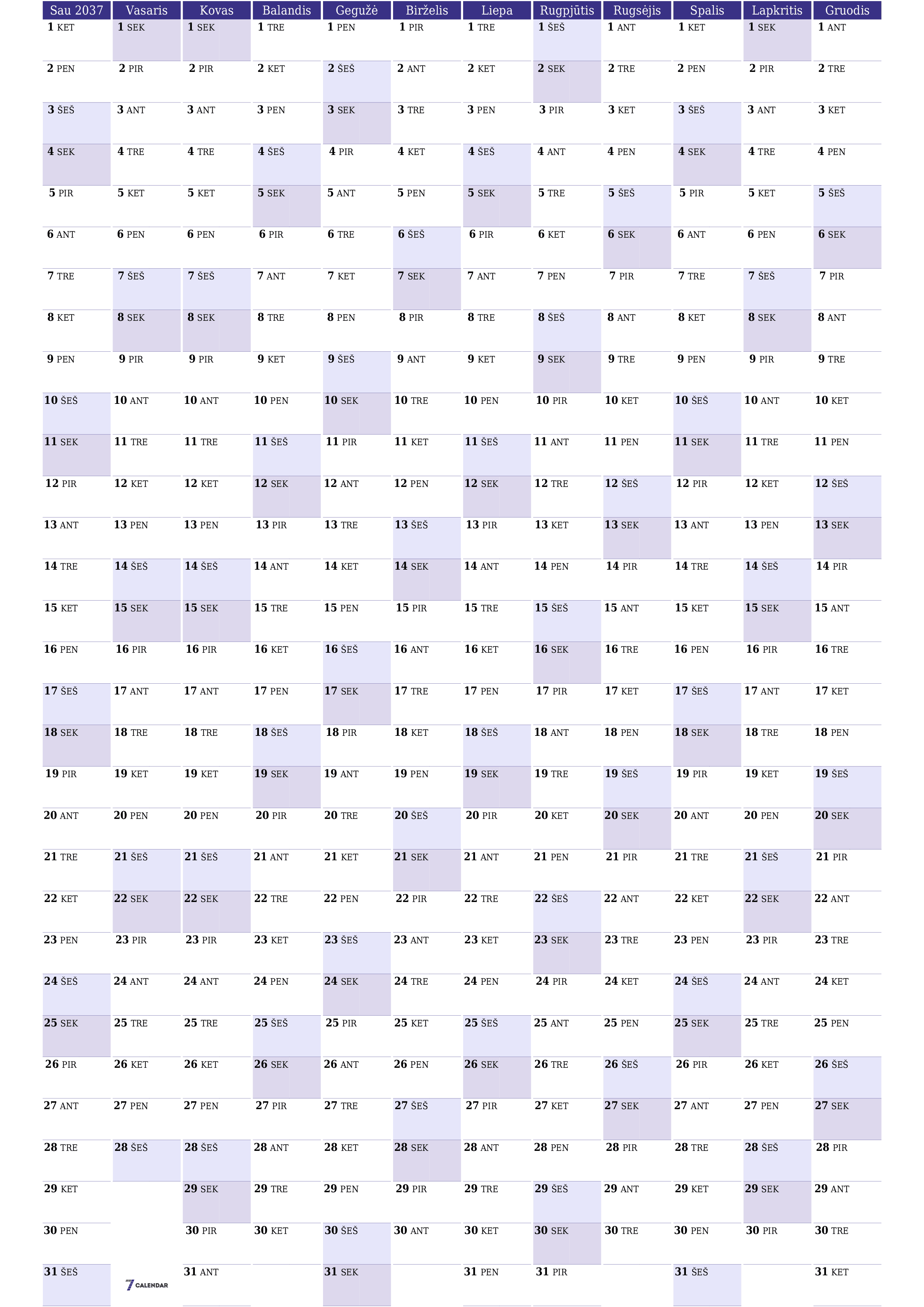 Tuščias metų planavimo kalendorius 2037 su užrašais, išsaugokite ir atsispausdinkite PDF formatu PNG Lithuanian