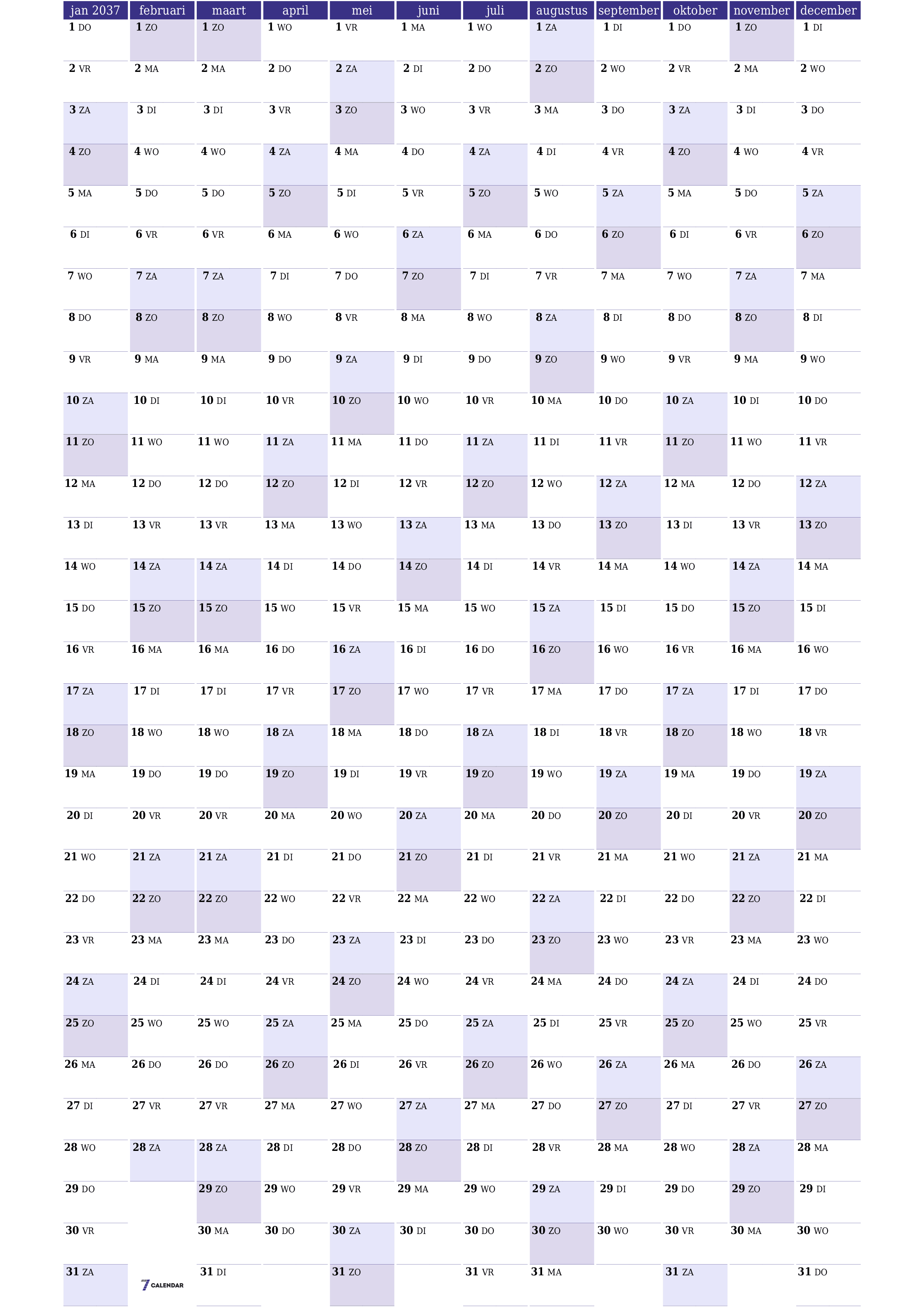 Lege jaarplanningskalender voor het jaar 2037 met notities, opslaan en afdrukken naar pdf PNG Dutch