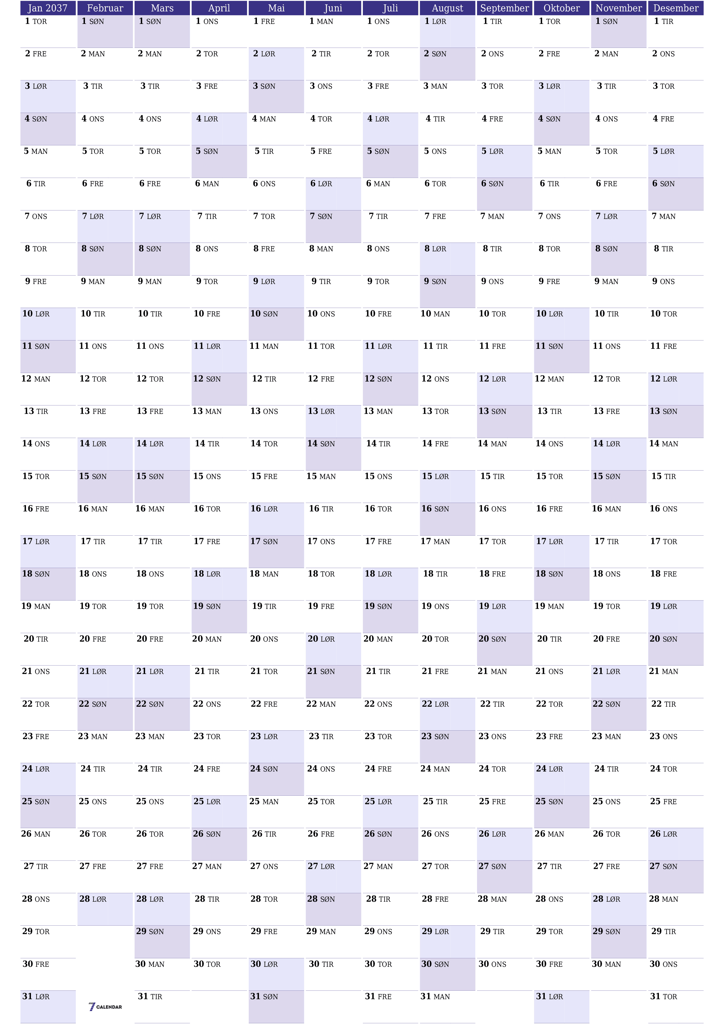 Tom årlig planleggerkalender for året 2037 med notater, lagre og skrive ut i PDF PNG Norwegian