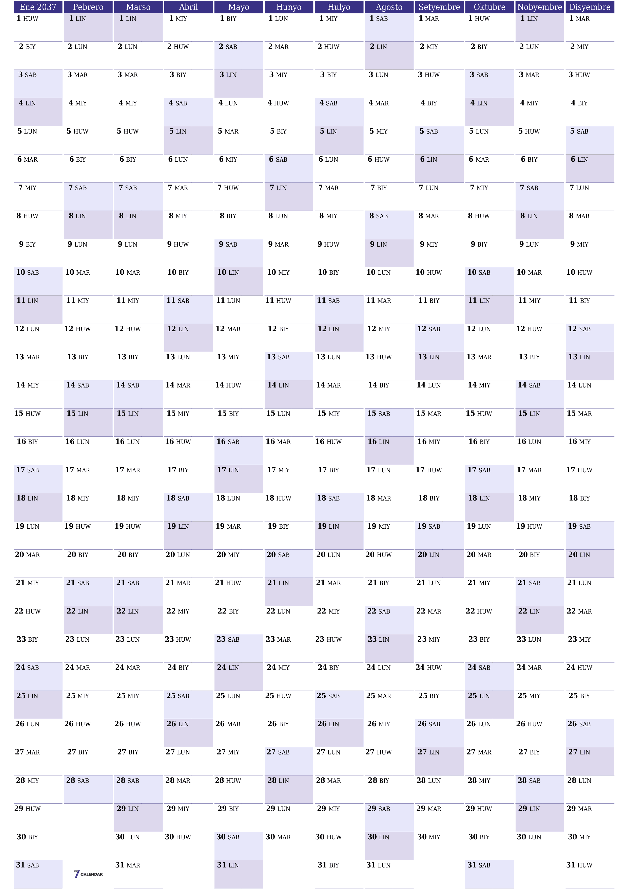 Walang laman ang taunang kalendaryo ng tagaplano para sa taong 2037 na may mga tala, i-save at i-print sa PDF PNG Filipino