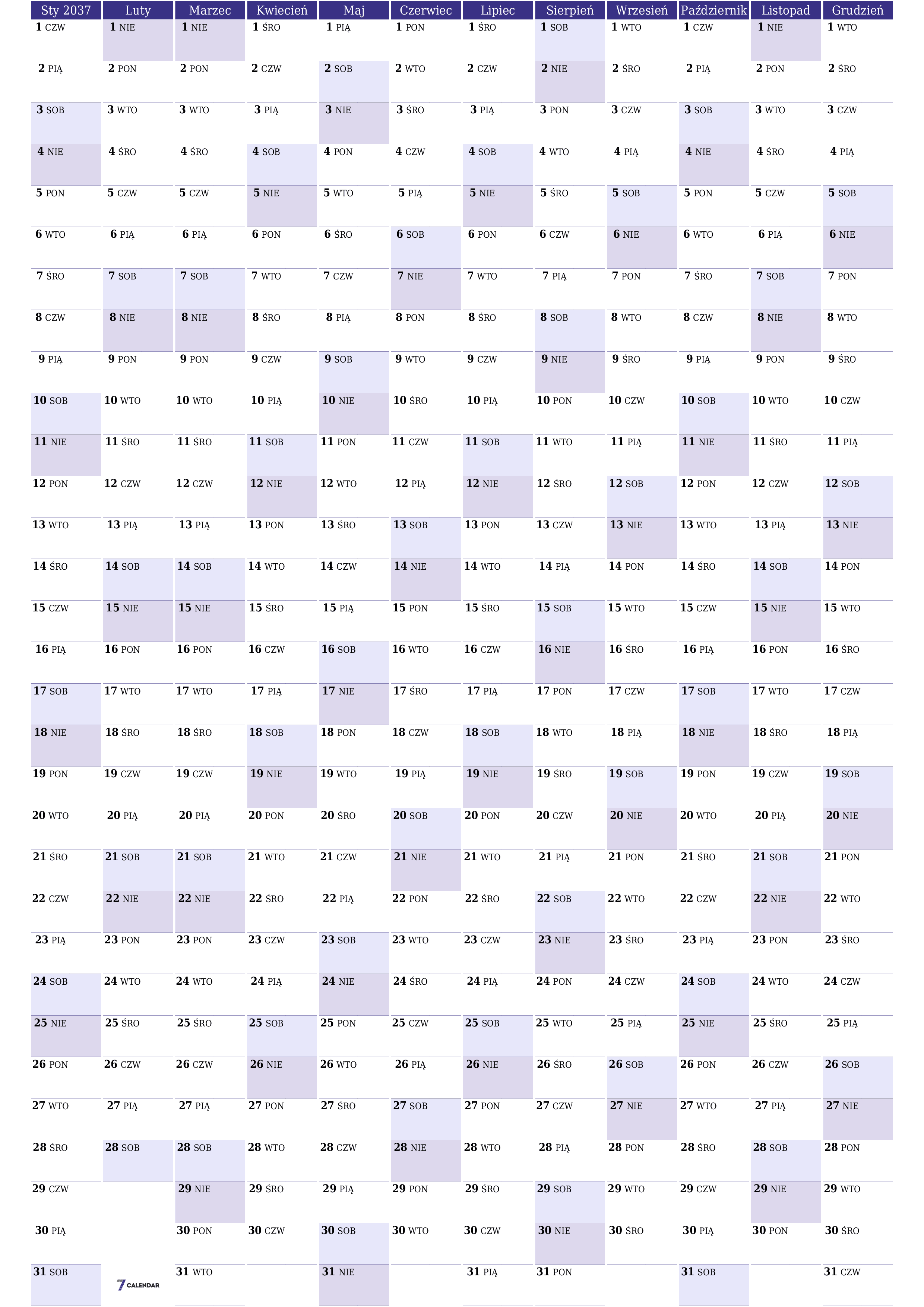 Opróżnij kalendarz rocznego planowania na rok 2037 z notatkami, zapisz i wydrukuj w formacie PDF PNG Polish