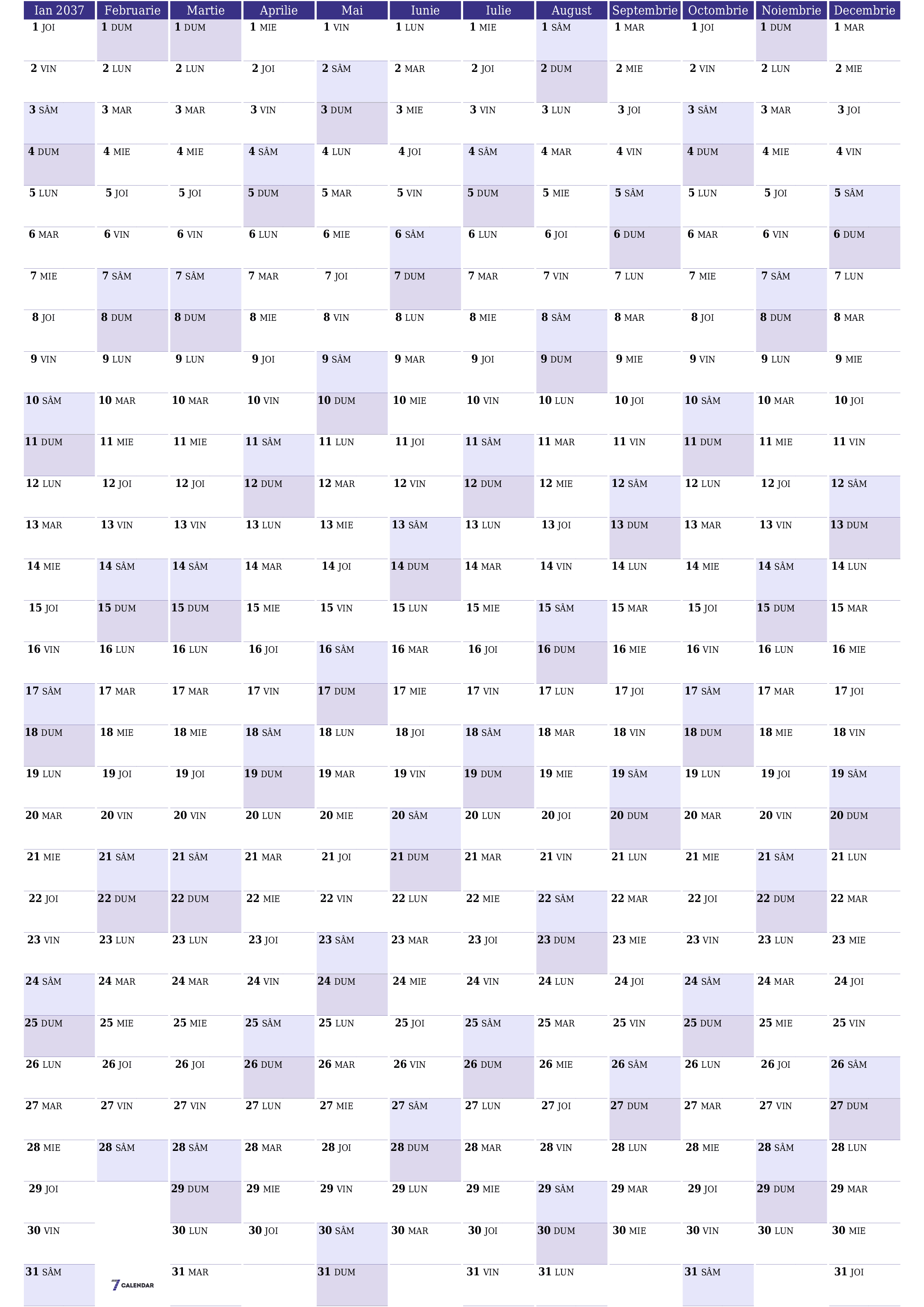 Goliți calendarul anual al planificatorului pentru anul 2037 cu note, salvați și tipăriți în PDF PNG Romanian