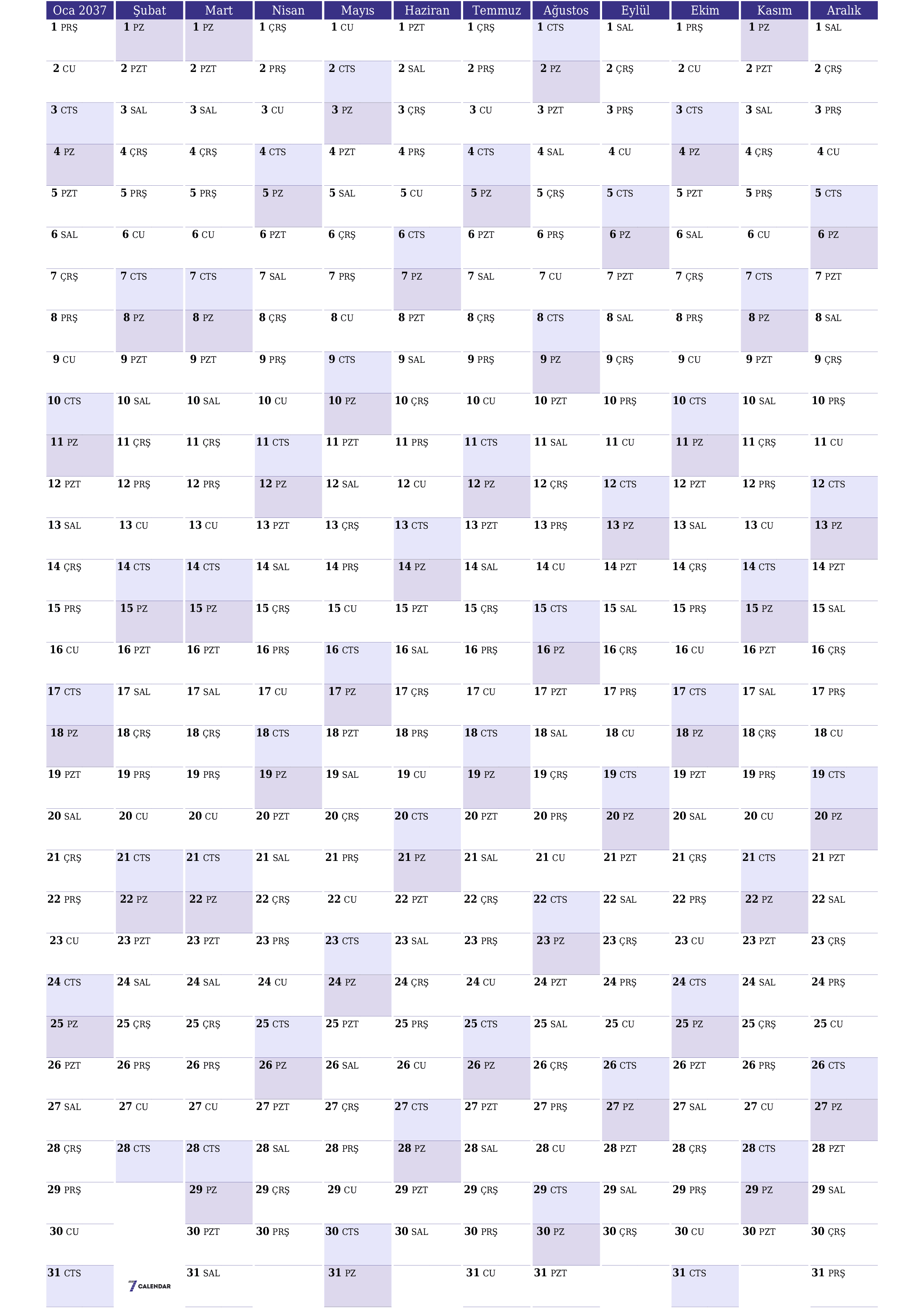 Notlarla 2037 yıl için yıllık planlayıcı takvimini boşaltın, kaydedin ve PDF olarak yazdırın PNG Turkish