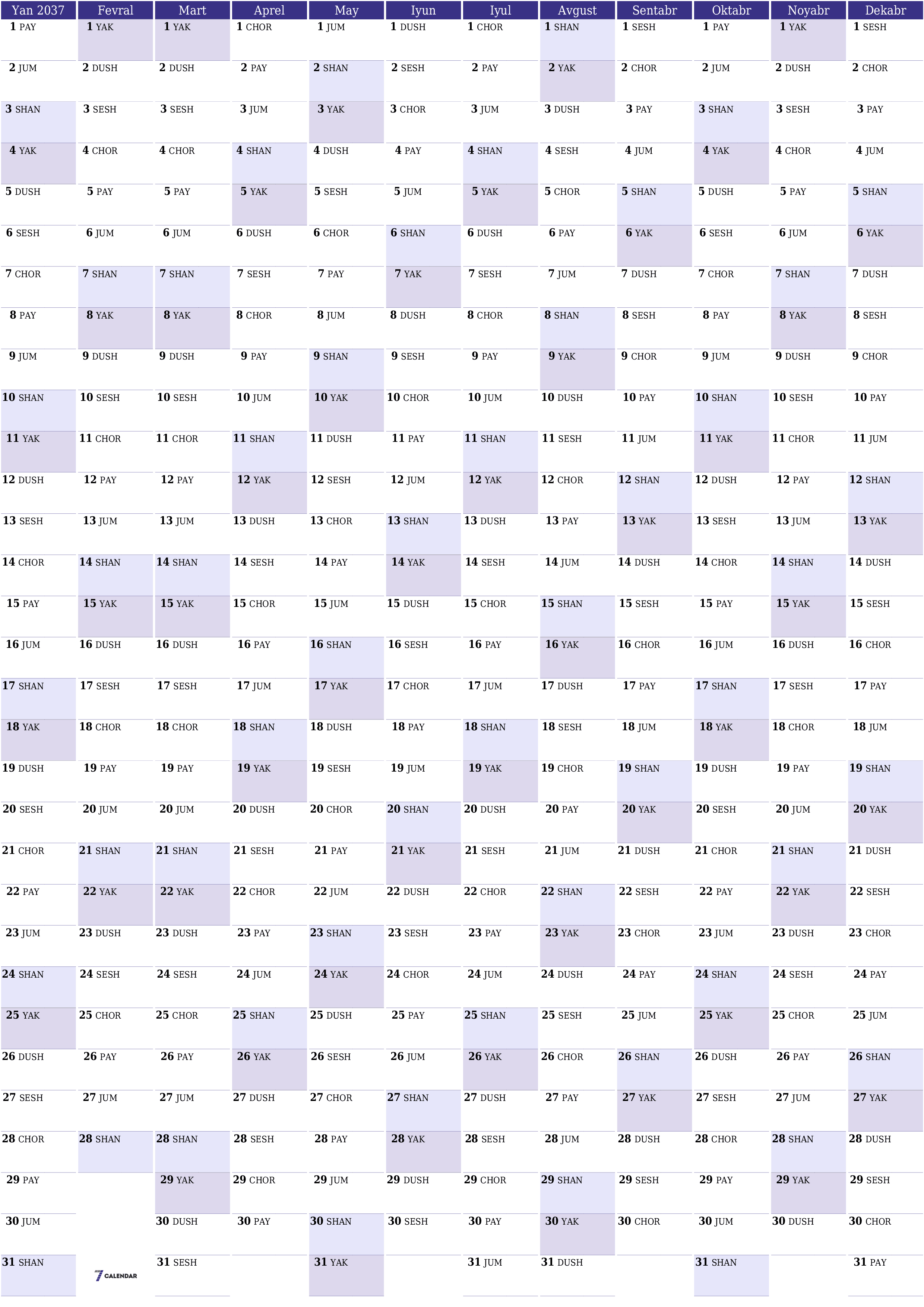 Bo'sh yillik rejalashtiruvchi taqvim 2037 yil, qaydlar bilan saqlang va PDF-ga chop eting PNG Uzbek