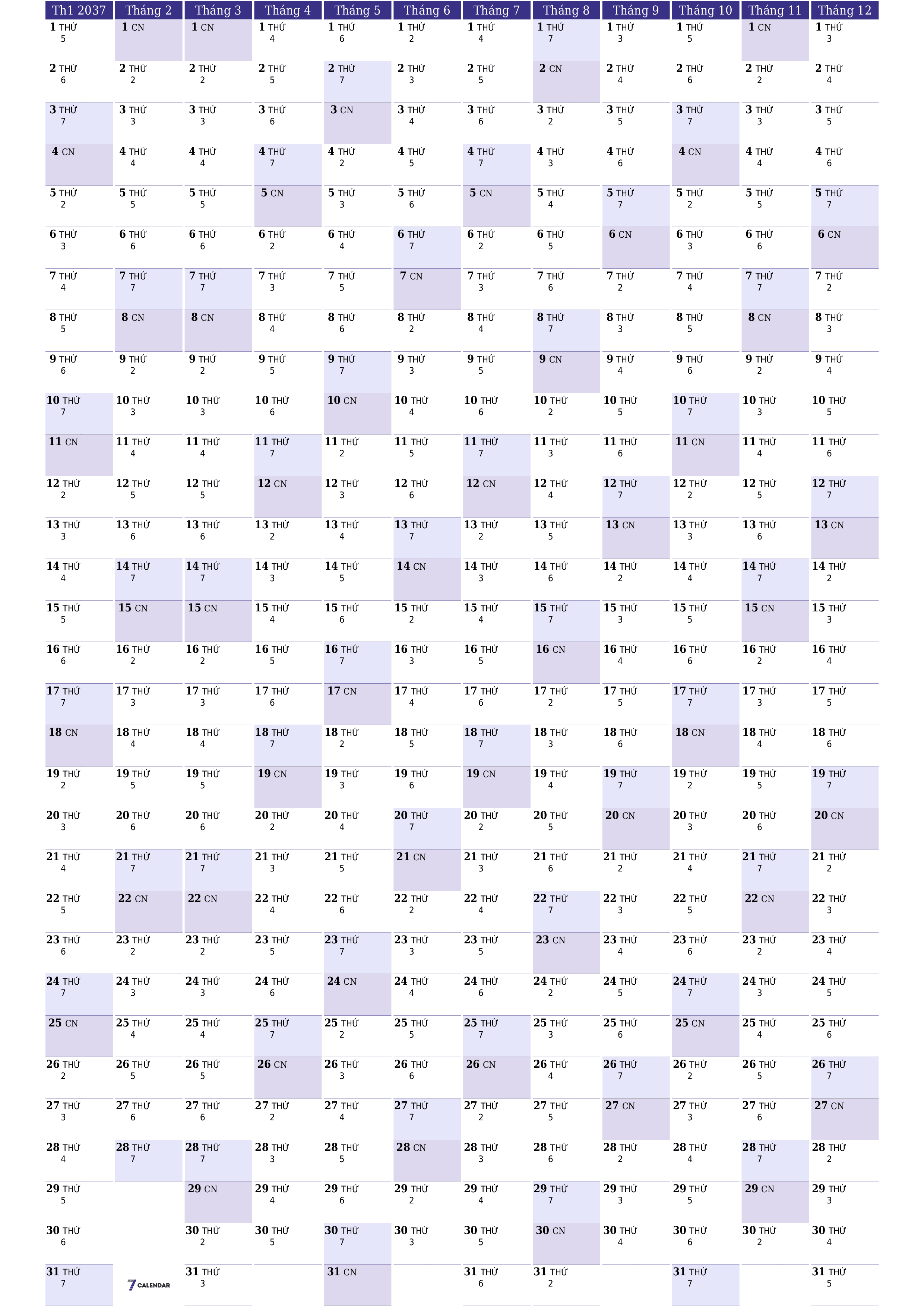 Lịch kế hoạch hàng năm trống cho năm 2037 có ghi chú, lưu và in sang PDF PNG Vietnamese